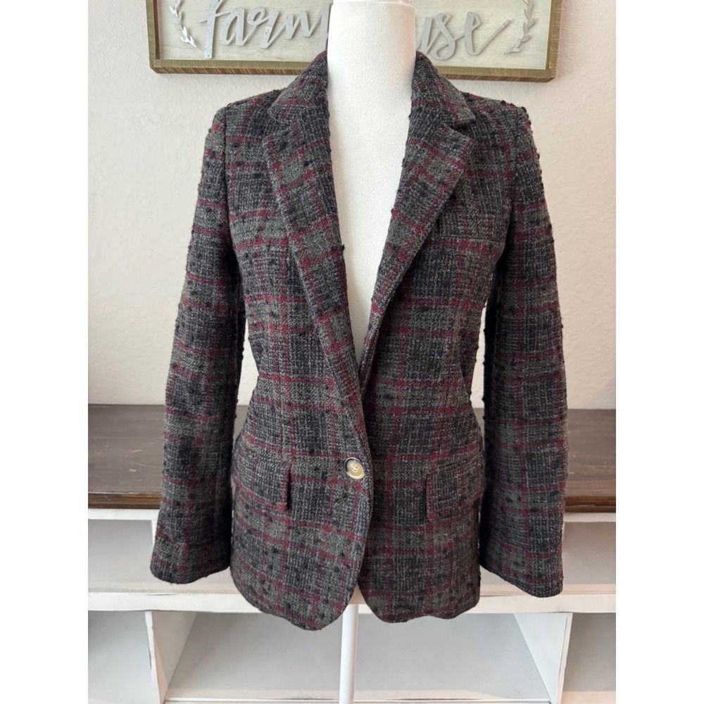 Isabel Marant Étoile Plaid Wool Blazer Jacket XS 34 Burgundy Gray